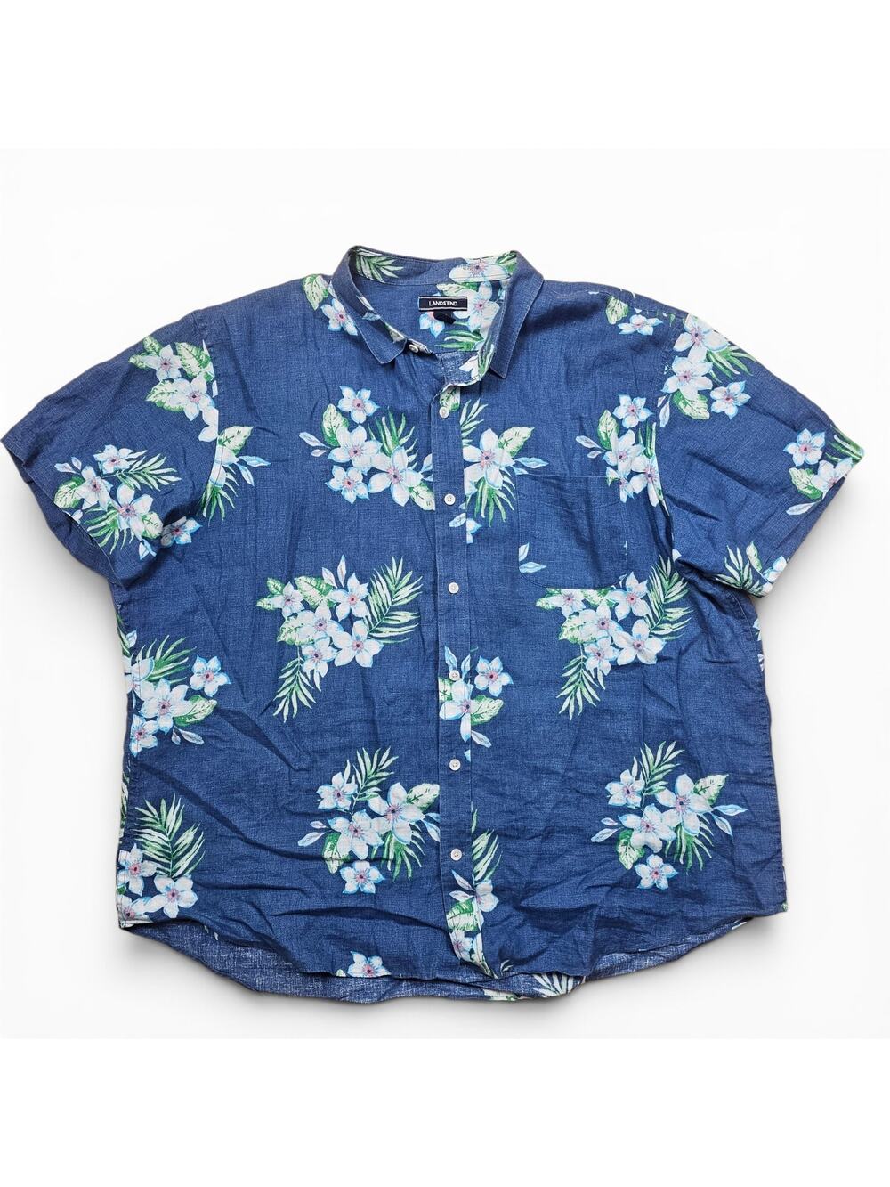 LANDS' END %100 Linen Hawaiian Shirt Men's XXL Floral Traditional Fit Resortwear